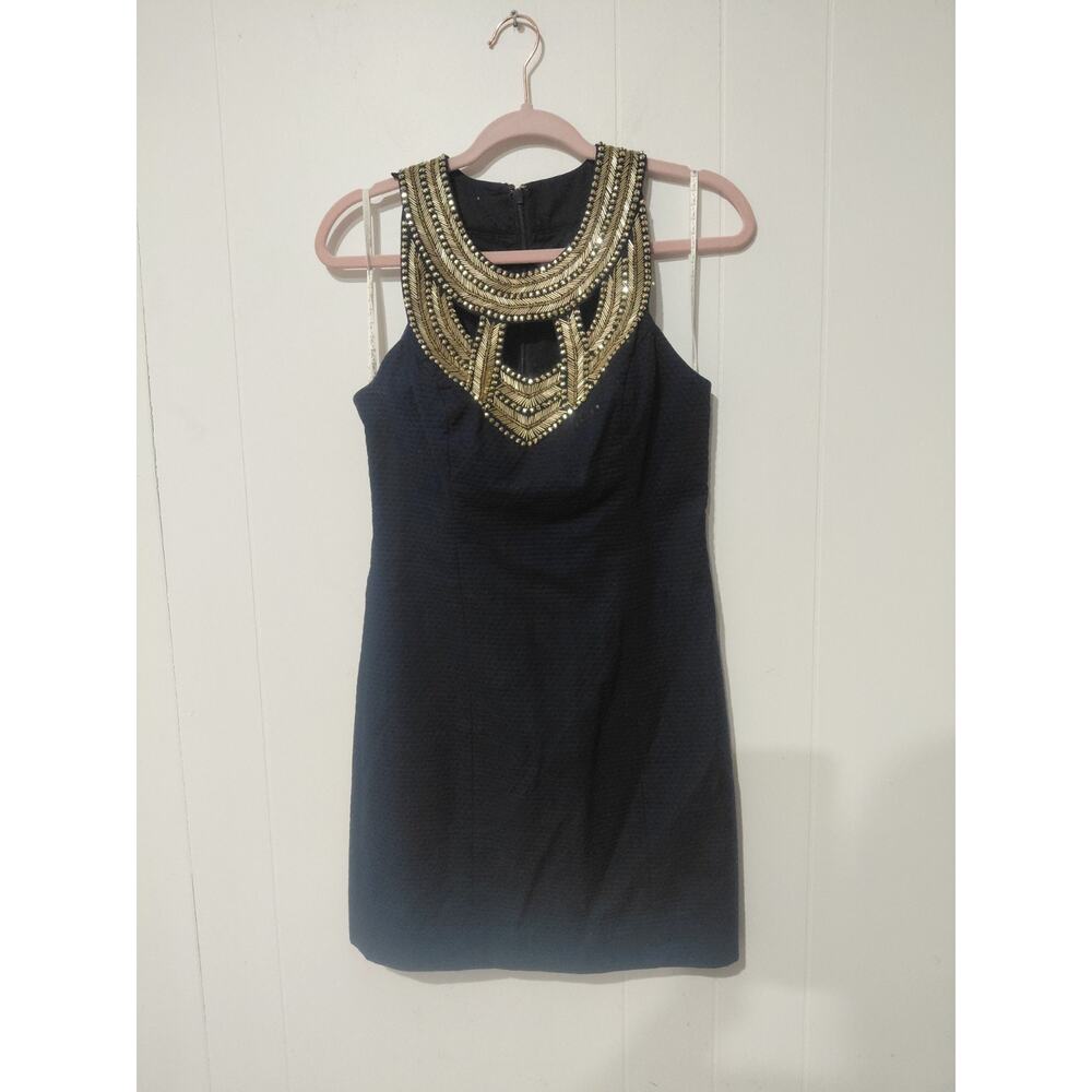 LILLY PULITZER 0 WOMENS NAVY GOLD BEADING Very Classy & Tasteful, Knee Length